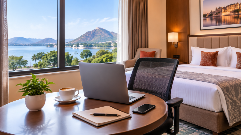 Professional enjoying a workation in Udaipur at a modern hotel with fast Wi-Fi and comfortable workspace
